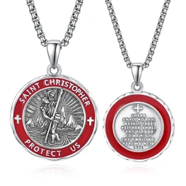 ADMETUS Red St Christopher Necklace Mens Sterling Silver St Christopher Medal for Men Red Saint Christopher Pendant Necklace Protection Jewelry Religious Gifts