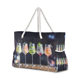 senya Large Beach Bags Totes Canvas Tote Shoulder Bag White Anchor Floral Navy Blue Water Resistant Bags for Gym Travel Daily (Gin Tonic Cocktails)