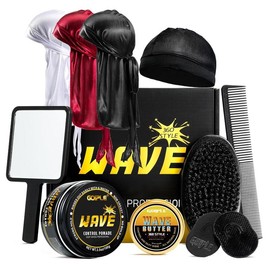 Strong Hold Wave Pomade for Men, Easy Wash 360 Wave Training Hair Cream Grease Promotes Layered Waves, Moisture, Silky Shine, Brush and Durag Cap Set Haircare Versatile Styling:_suit1