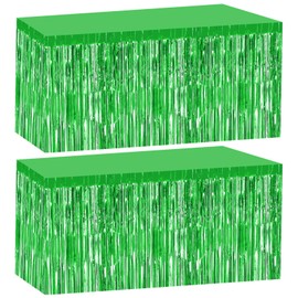 Bouiexye 2 Pack 29.5x108 Inch Green Foil Tinsel Fringe Table Skirts, Disposable Table Skirts for Rectangle Tables Curtains Backdrop Parade Wedding Floats Baby Shower Birthday Mardi Gras Party