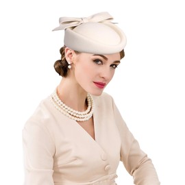 F FADVES British Style Pillbox Hat Retro Wool Fascinator Wedding Derby Church Party Hats White