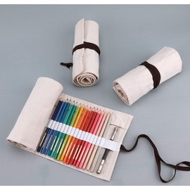 Amoyie Roll Up Pencil Case for 48 Coloured Pencils, Foldable Colouring Pens Organiser Bag, Artist Wrap, Canvas Holder, Painting Fabric Beige