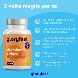 Vitamina C, 180 Capsule, 500 mg + Zinco 10 mg, Qualità Testata Premium, Scorta 6 mesi, Integratore Difese Immunitarie, Vitamina C Pura Tamponata con Ascorbato di Calcio con Zinco, 100% Vegan