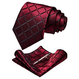 JEMYGINS Mens Check Silk Tie & Tie Clips & Bag Set Dark Red, darkred, 80