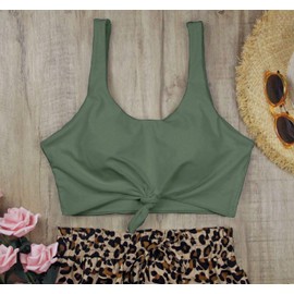 Women's Scoop Neck Tie Knot Front Crop Top High Waisted Bottom Printed Sporty Tankini Swimsuit Bikini Set Olive Green
