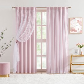 Bujasso Pink Blackout Curtains with Sheer Overlay Mix and Match Double Layer 80% Room Darkening Window Treatment Set for Girls Bedroom Pink Drapes with Tiebacks Rod Pocket Back Tab 37" Wx95 Lx2