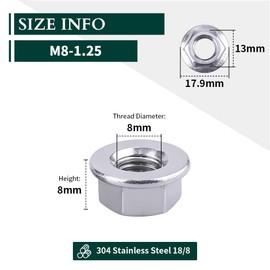 M8-1.25 Hex Flange Nuts, 304 Stainless Steel 18-8, A2-70 Grade, Bright Finish, Non-Serrated Flange Washer, DIN6923, 25-Pack