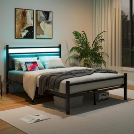 Crocofair Full Size Bed Frame with Upholstered Headboard and Charging Station, LED Lights Bed Frames with Under Bed Storage,Solid and Stable, Noise Free, No Box Spring Needed, Easy Assembly,Grey