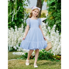Arshiner Blue Dresses for Girls Summer Tween Easter Party Tulle Tie Back Holiday Dresses