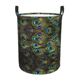 Fresh Peacock Print Circular Protable Storage Bin Organizer Round Basket For Laundry Hamper With Handles