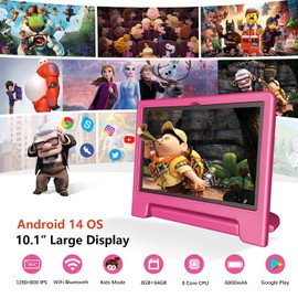 ITDULCET Kids Tablet, 10 inch Android 14 Tablet for Kids, 8GB RAM 64GB ROM Octa-Core Fast-Charging Battery Toddler Tablet with Shockproof Case, Bluetooth, WiFi, Parental Control, Dual Camera, GPS