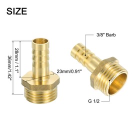 sourcing map 2 Pcs Brass Hose Barb Fitting, 3/8" Barb x G 1/2 Male Brass Barb Pipe Fitting Adapter with Tape for Connect Pipes Mechanical Devices Plumbing Equipment