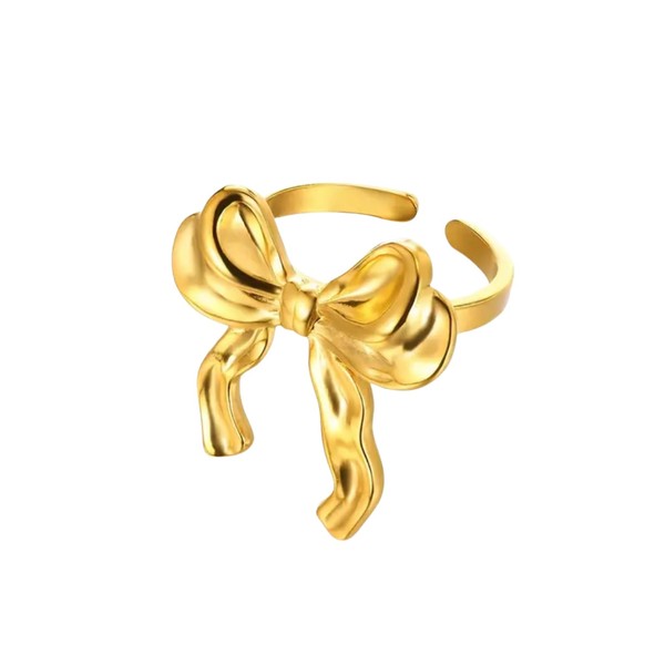 Elegant Gold Bow Ring, Adjustable Cuff Style, 3D Ribbon Design