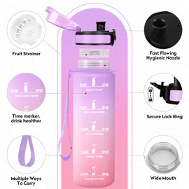 Water Bottle, 1 Litre, Water Bottle with Time Marking, Water Bottle with Filter, Leak-Proof, BPA-Free, Sports Bottle for Fitness, Bike, Office, School, Outdoor, Yoga, Adults, Bubble Suitable