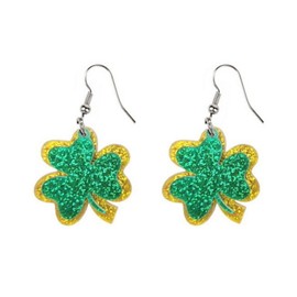 St. Patrick's Day Lucky Letter Green Leaf Shape Irish Shamrock Resin Acrylic Dangle Earrings for Women Jewelry(B)