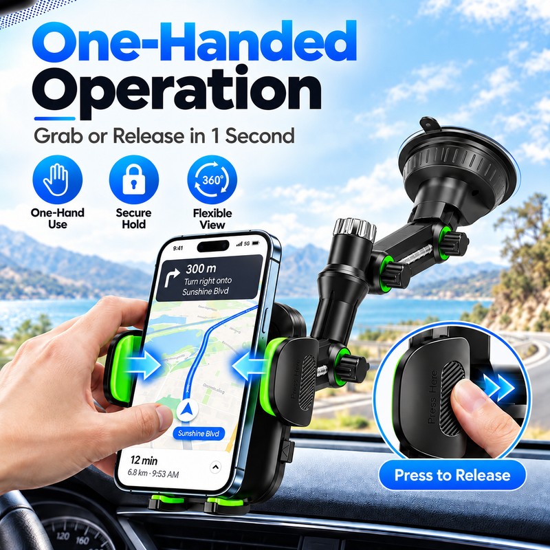 Suction Cup Car Phone Holder for Hands-Free Driving – Adjustable