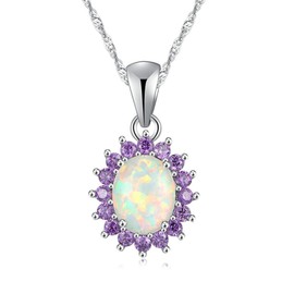 CiNily Opal Pendant Necklace-14K White Gold Plated White Fire Opal Amethyst Women Jewelry Gemstone Flower Necklace