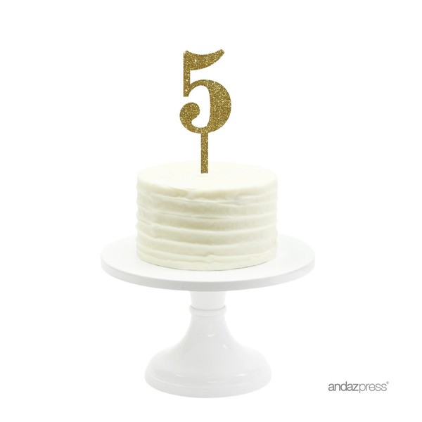 Andaz Press 5th Birthday and Anniversary Acrylic Cake Toppers, Gold Glitter, Number 5, 1-Pack