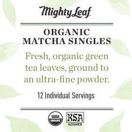 Mighty Leaf Tea, Organic Matcha Green Tea Singles - 1 Box of 12 Single Serve Packets, 100% Japanese Matcha, Unsweetened