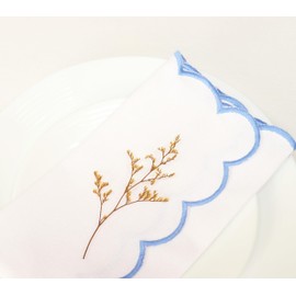 PurpleEssences Scalloped Embroidery Cloth Napkins Table Decor Spring and Summer Cotton Set of 4-18 x 18 inch (White(edges- Light Blue), Solid Scalloped)