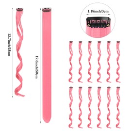 12 PCS Pink Hair Extensions Clips for Kids&Girls, Curly Pink Clip In Hair Extensions, 14 inch Party Highlights Synthetic Pink Hair