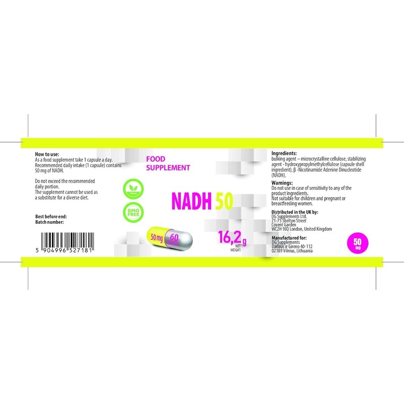 NADH 50 mg 60 Vegan Capsules, Laboratory Tested, High Dosage,