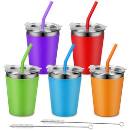 Rommeka Vasos para niños con tapas y popotes, paquete de 5 vasos de acero inoxidable irrompibles de 12 onzas, a prueba de derrames con funda colorida, taza reutilizable para adultos y niños