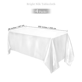 TURSTIN 4 Packs Satin Tablecloth 102 x 58 Inch Overlay Satin Table Cover Rectangle Bright Silk Tablecloth Smooth Fabric Table Decoration for Wedding Banquet Party Events, White