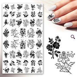 Nail Stickers Decals (5 Sheets) FLONZNAIL Simple Elegant Black Lines Flowers Nail Decor Transfer Vintage Styled Stickers