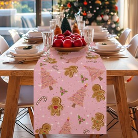 Tian Zhun Pink Christmas Table Runner Gingerbread Christmas Decorations Table Runners Xmas Winter Home Kitchen Party Dining Table Decorations 40x180 cm