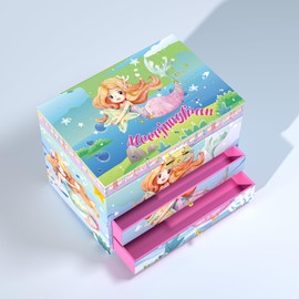 AdelDream Spieluhr Schmuck Schmuckkästchen (5 Schmucksets) Schmuck Box kleines Mädchen Schmuck Box Tochter und Lady Freund Geschenk Geburtstagsgeschenk (Drei Schichten Meerjungfrau grün)