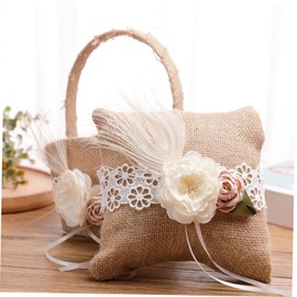 MERRYHAPY Wedding Ring Pillow Basket Decorative Bed Pillows Engagement Ring Pillows Decorative Rustic Throw Pillows Rustic Ring Burlap Ring Bearer Pillows Handle Linen Lace Bride