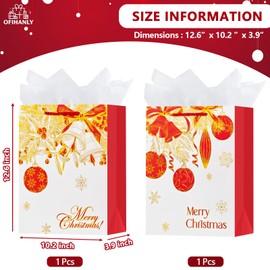 OFIHANLY 2 Pack 12.6" Medium Size Merry Christmas Gift Bags with Handles for Xmas Holiday Presents Red&Gold Paper Wrapping Bag with Tissue Paper
