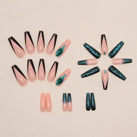 Ballerina Press on Nails Long Length, 24 PCS Full Cover Reusable Coffin False Fingernails with Sticky Tabs, Artificial Acrylic Fake Nails with Green Rhinestone Designs, Stick on Nails Square for Women