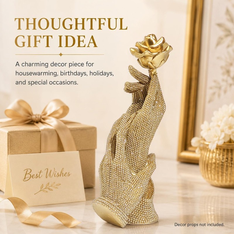 MOTIAHOOM Gold Hands Holding Rose Figurine