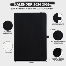 INYEEXUP Kalender 2024 2025 A5 Wochenplaner Hardcover mit PU-Leder,Taschenkalender 14 Monate (Nov 2024-Dez 2025),Studienplaner 2024/25 1 Woche 2 Seite mit Stiftschlaufe