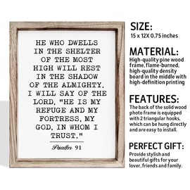 Bible Verse Sign He Who Dwells in the Shelter - Psalm 91, Bible Scripture Wall Decor, Christian Bible Wood Framed Wall Art Home Room Office Church Decor, Motivational Poem Signs, Poetry Gif