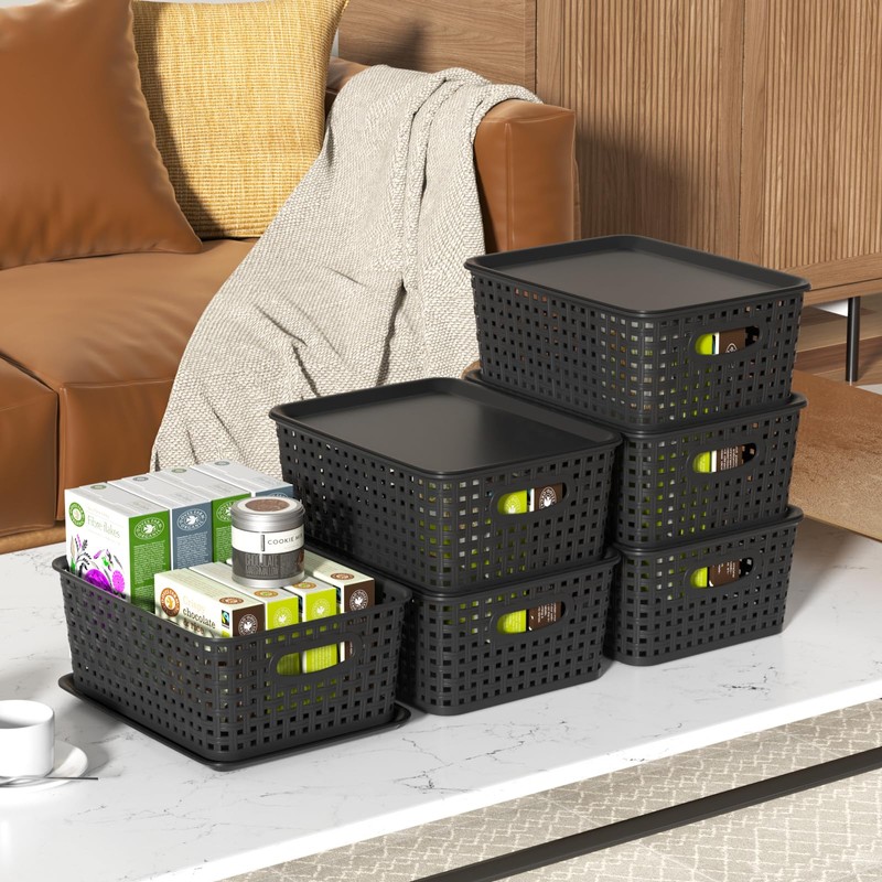 Qqbine Set of 6 Plastic Lidded Storage Shelf Baskets, Stackable