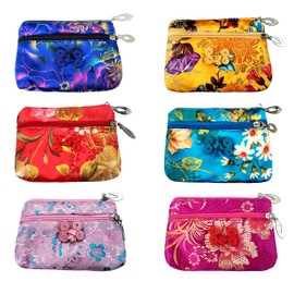 HUAMULAN 6 PCS Chinese Silk 2 Zippers Coin Purse Bag Brocade Wallet Lipstick Container Jewelry Embroidered Pouch Bag Make Up Organizer