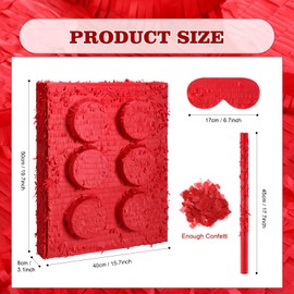 Hollowfly 20 Inches Large Piñata for Birthday Party with a Blindfold and Bat Piñata Birthday Party Decorations for Kids Anniversary Party Game Supplies (Red Block)