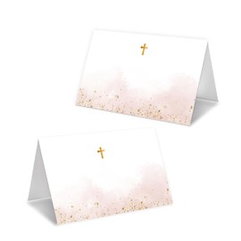 pseuaudo Baptism Place Cards, Pink Gold Foil Religious Name Card For Table Setting, Table Tent Cards For Christening Ceremony, First Holy Communion Name Cards, Set Of 25, Notched For Easy Folding-06