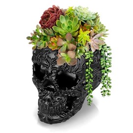 Maceta de Cráneo de Resina OwnMy para Plantas de Interior, Maceta de Flor de Cráneo Negro para Suculentas con Orificios de Drenaje, Maceta Decorativa de Cráneo de Halloween para Suculentas Pequeñas en