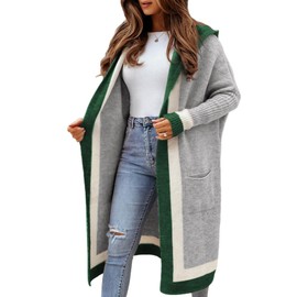 Yimoon Womens Long Cardigan Sweater Color Block Open Front Hooded Cardigan Oversized Knit Sweater Outwear(Grey-Small)