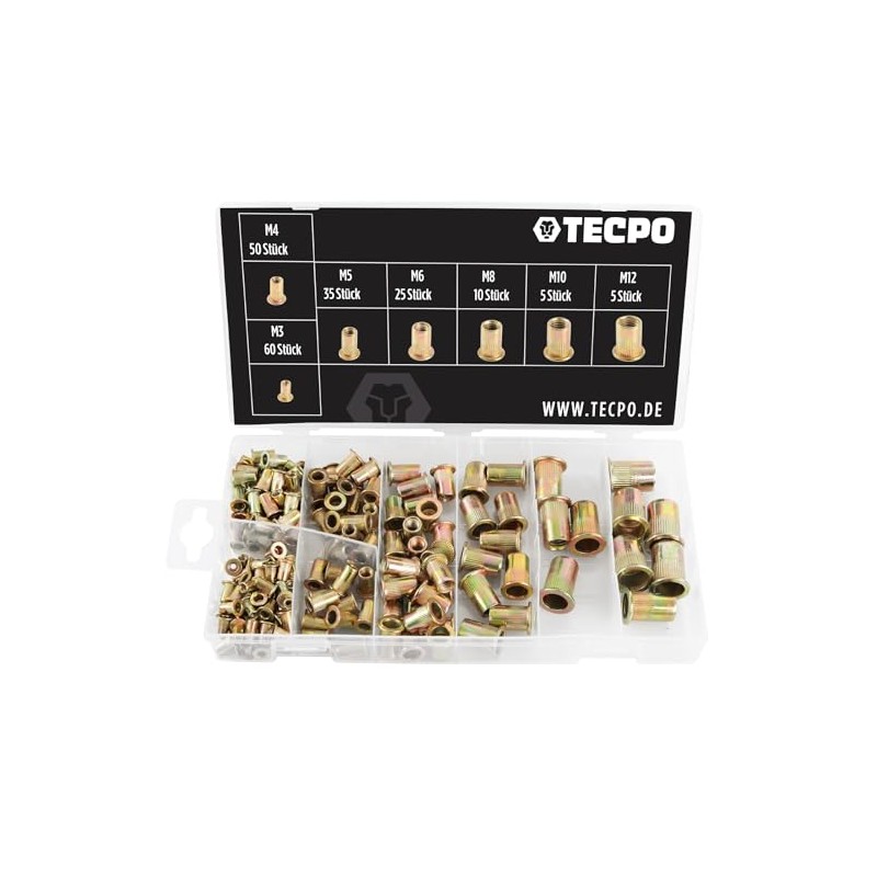 TECPO Rivet Nuts Box Assortment Galvanised M3-M12 Rivet Nut Blind