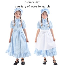 LTAKK Prairie Dresses Girls Pioneer Colonial Costume Girl Pilgrim Dress with Apron and Bonnet, Blue Dots, Large