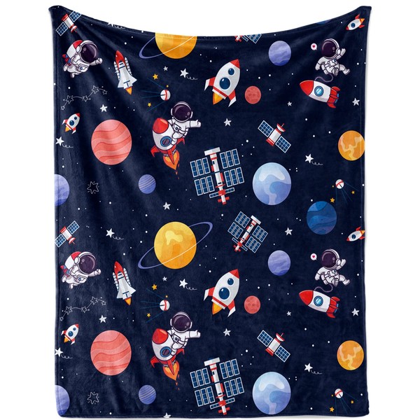 Space Gifts for Children Boys Birthday, 100 x 130 cm Fluffy Blue Space Rocket Flannel Blanket Soft Astronaut Planet Cuddly Blanket for Baby Toddler Girls Sofa Couch Decoration