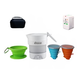 Portable Foldable Electric Travel Kettle, 800ML/27oz, White with Two Folding Cups and One Coffee Dripper,110V & 220V Dual Voltage, Food Grade Silicone, Universal Travel Adaptor and Case