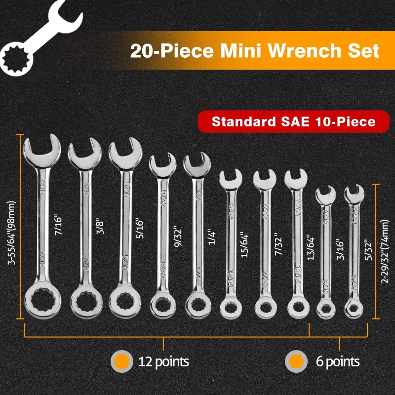 Speedwox 20-Piece Mini Combination Wrench Set, High Carbon Steel, Silv