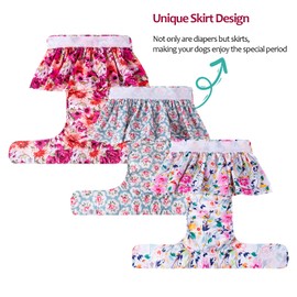 CuteBone Female Dog Diapers with Skirts 3 Pack Reusable Puppy Dresses Pants for Heat Cycle Period QBD03XS