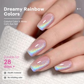 HOSAILY Moonlight Cat Eye Gel Nail Polish with Magnet, 2 Colors Glitter Silver White Rainbow Magnetic Gel Nail Polish, Holographic Sparkle Shimmer Reflective Translucent No Base Color Magnetic UV Gel